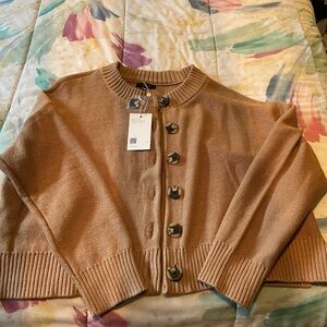 Quince Camel Button-Front Crewneck Cardigan